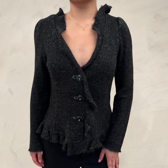 Vintage Black wool sweater with frilly ruffles and button closure boho - Picture 1 of 7